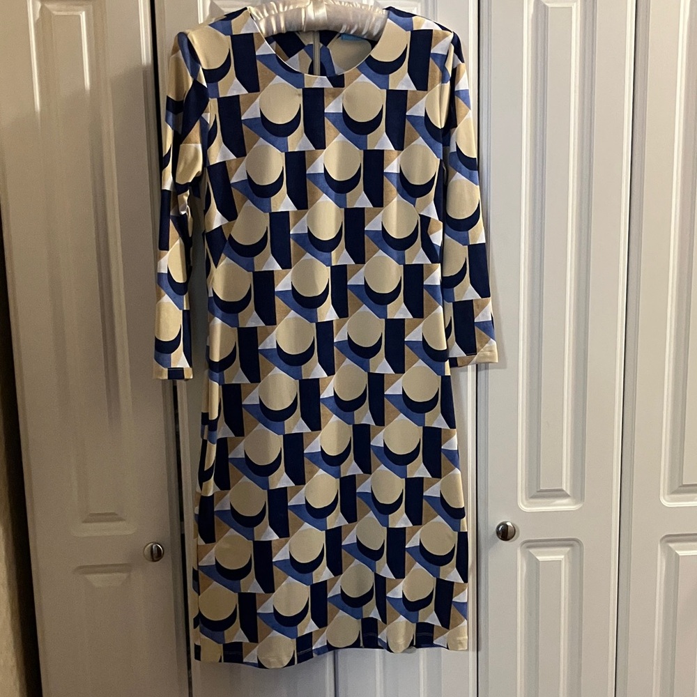 J. McLaughlin Blue and Cream Geometric Long Sleeve Dress